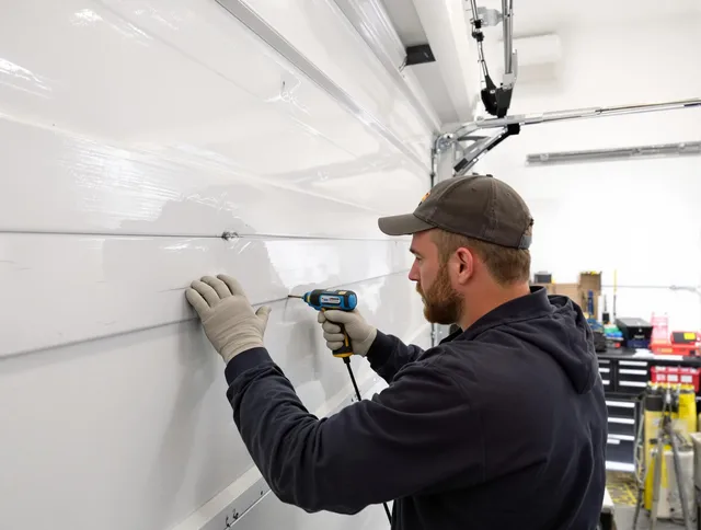 Pooler Garage Door Repair technician demonstrating precision dent removal techniques on a Pooler garage door