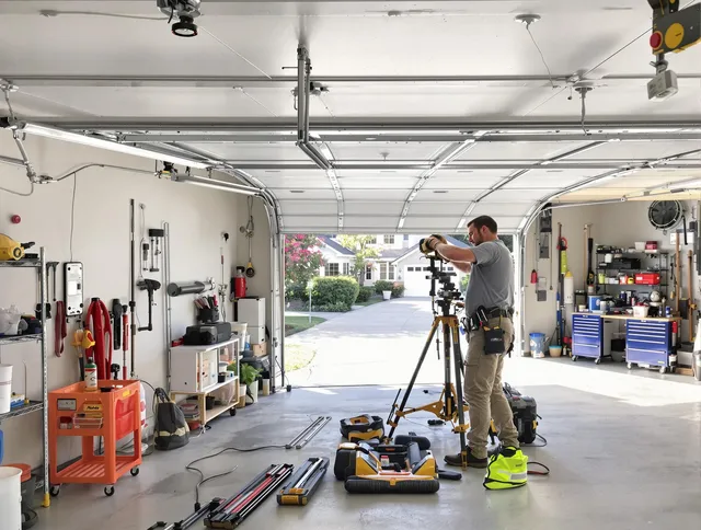 Pooler Garage Door Repair specialist performing laser-guided track alignment in Pooler
